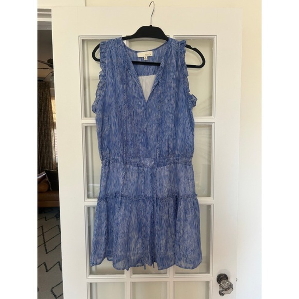 Pinch Ruffle Dress Tiered Striped Sleeveless Blue White Size M - Picture 2 of 8